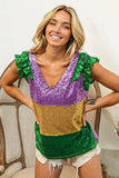 BiBi Mardi Gras Sequin Color Block Ruffled Top - Trendsi - Flyclothing LLC