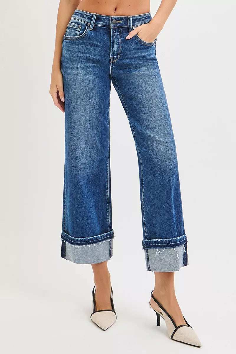 RISEN Mid Rise Ankle Straight Jeans with Cuffed Hem - Trendsi - Flyclothing LLC