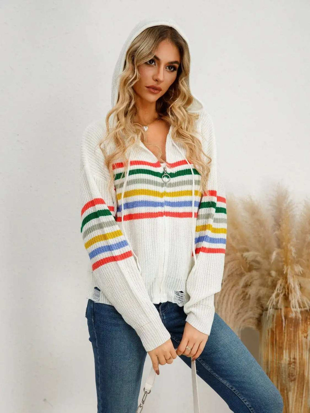 Drawstring Striped Dropped Shoulder Hooded Cardigan - Trendsi - Flyclothing LLC