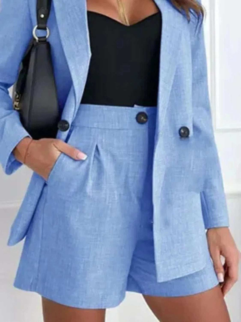 One Button Lapel Collar Blazer and Shorts Set - Trendsi - Flyclothing LLC