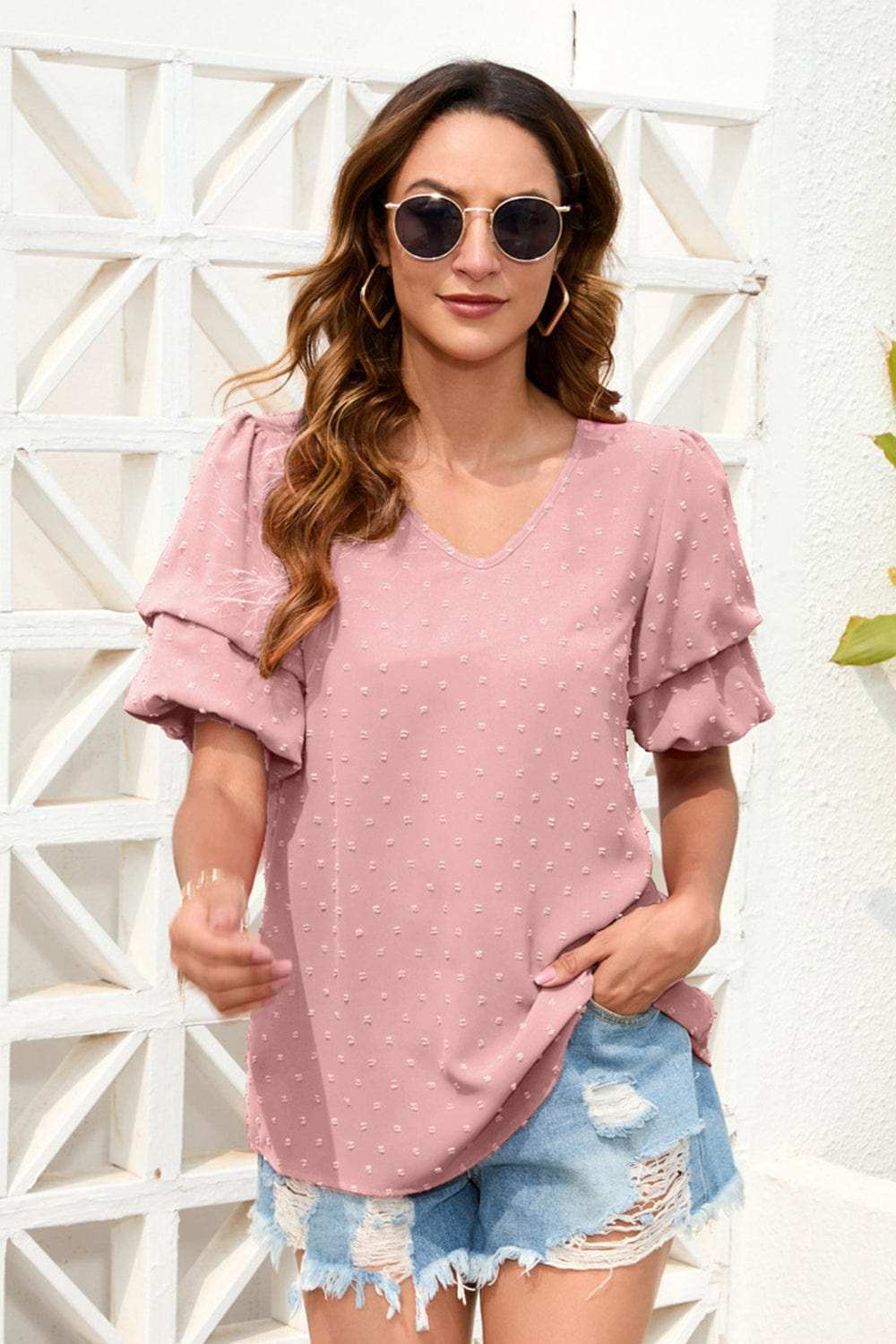 Swiss Dot V-Neck Short Sleeve Blouse - Trendsi - Flyclothing LLC