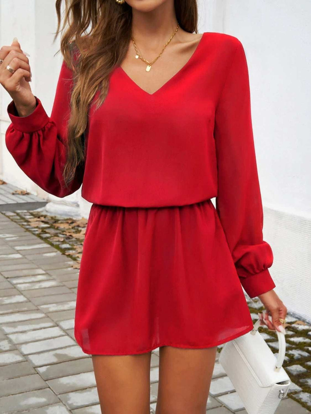 Cutout V-Neck Long Sleeve Mini Dress - Trendsi - Flyclothing LLC