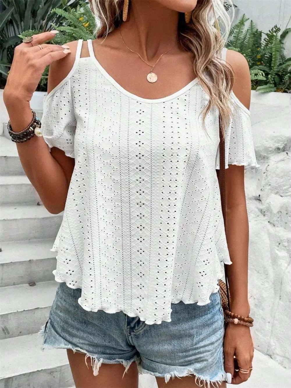 Eyelet Cold Shoulder Short Sleeve Blouse - Trendsi - Flyclothing LLC