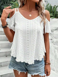 Eyelet Cold Shoulder Short Sleeve Blouse - Trendsi - Flyclothing LLC