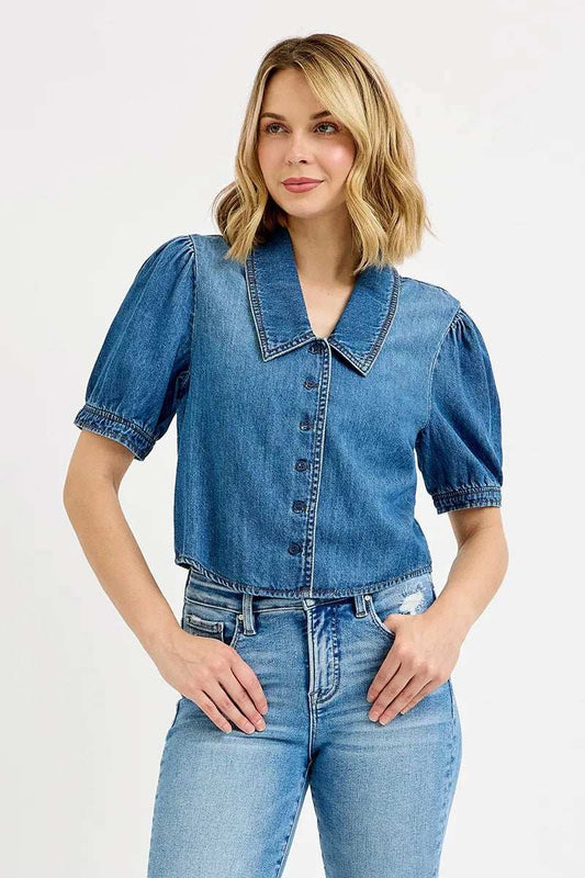 RISEN Button Down Puff Sleeve Crop Denim Shirt - Trendsi - Flyclothing LLC