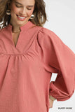 Umgee Textured Notched Blouse with Balloon Sleeves - Trendsi - Flyclothing LLC