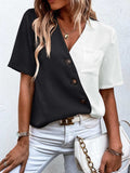Decorative Button Surplice Short Sleeve Blouse - Trendsi - Flyclothing LLC