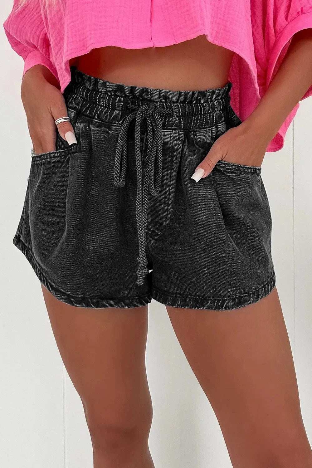 Drawstring High Waist Denim Shorts with Pockets - Trendsi - Flyclothing LLC