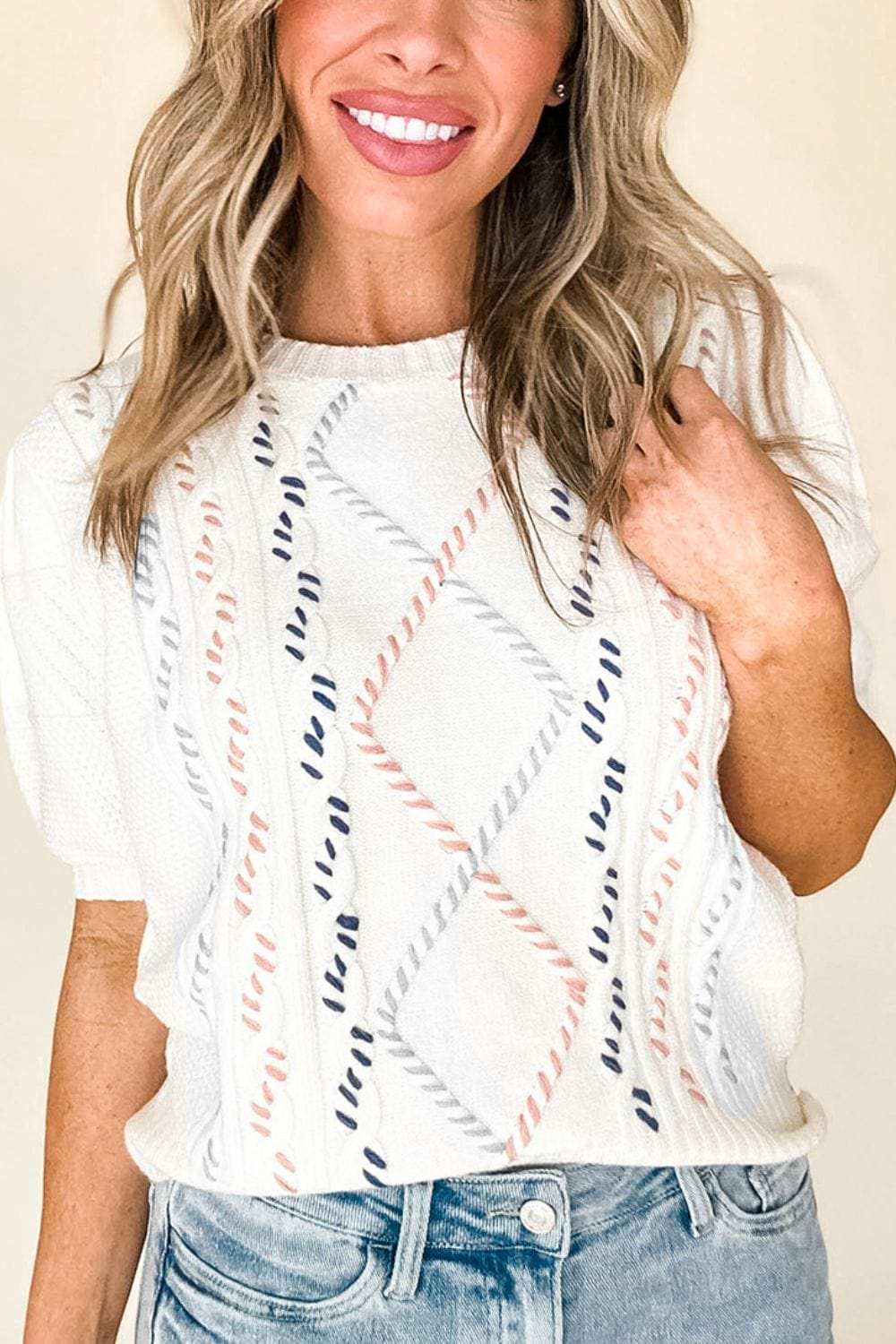 Cable Knit Round Neck Half Sleeve Sweater - Trendsi - Flyclothing LLC