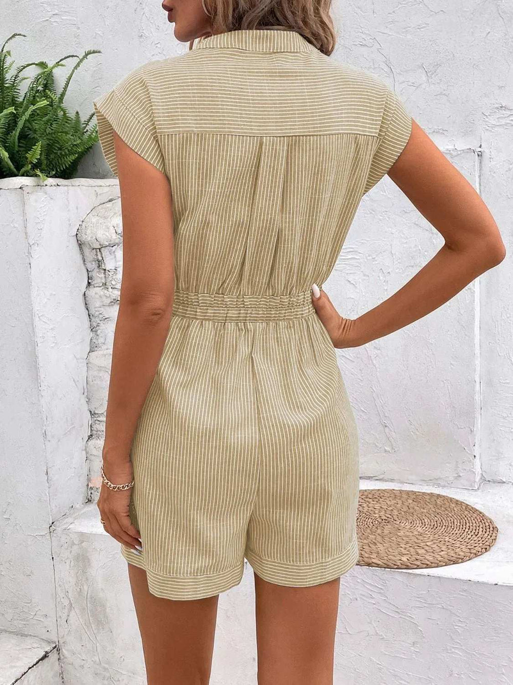Striped Notched Tie Waist Romper - Trendsi - Flyclothing LLC
