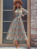 Perfee Tied Pleated Printed Mock Neck Long Sleeve Dress - Trendsi - Flyclothing LLC