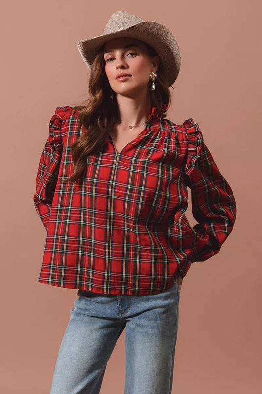 SO ME Christmas Checkered Plaid Smocked Blouse - Trendsi - Flyclothing LLC