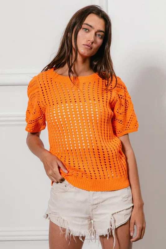 BiBi Crochet Knit Cover Up With Puff Sleeves - Trendsi - Flyclothing LLC