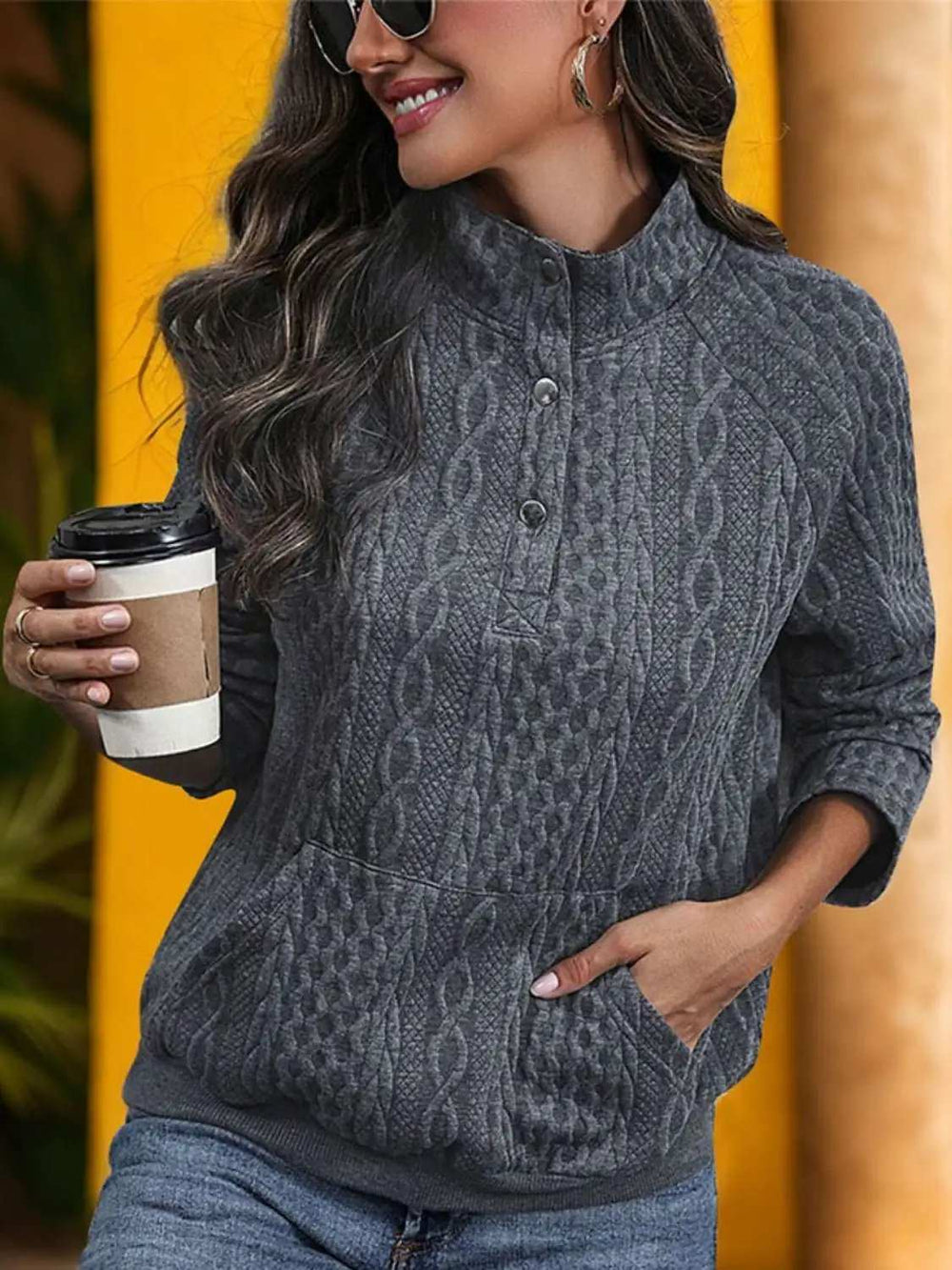 Textured Quarter Snap Long Sleeve Sweatshirt - Trendsi - Flyclothing LLC