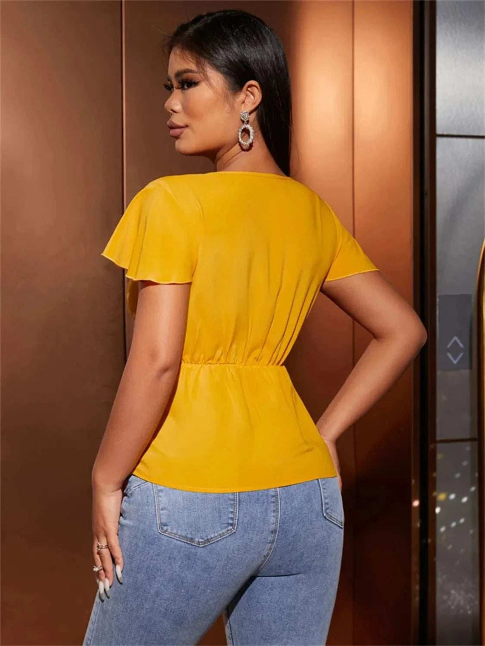 Twisted Solid V-Neck Cap Sleeve Blouse - Trendsi - Flyclothing LLC