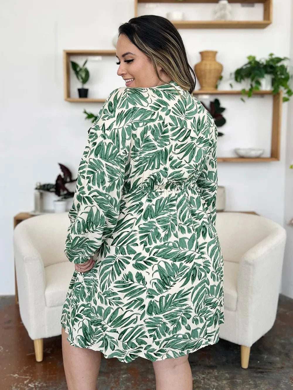 Double Take Full Size Printed Ruched Balloon Sleeve Dress - Trendsi - Flyclothing LLC