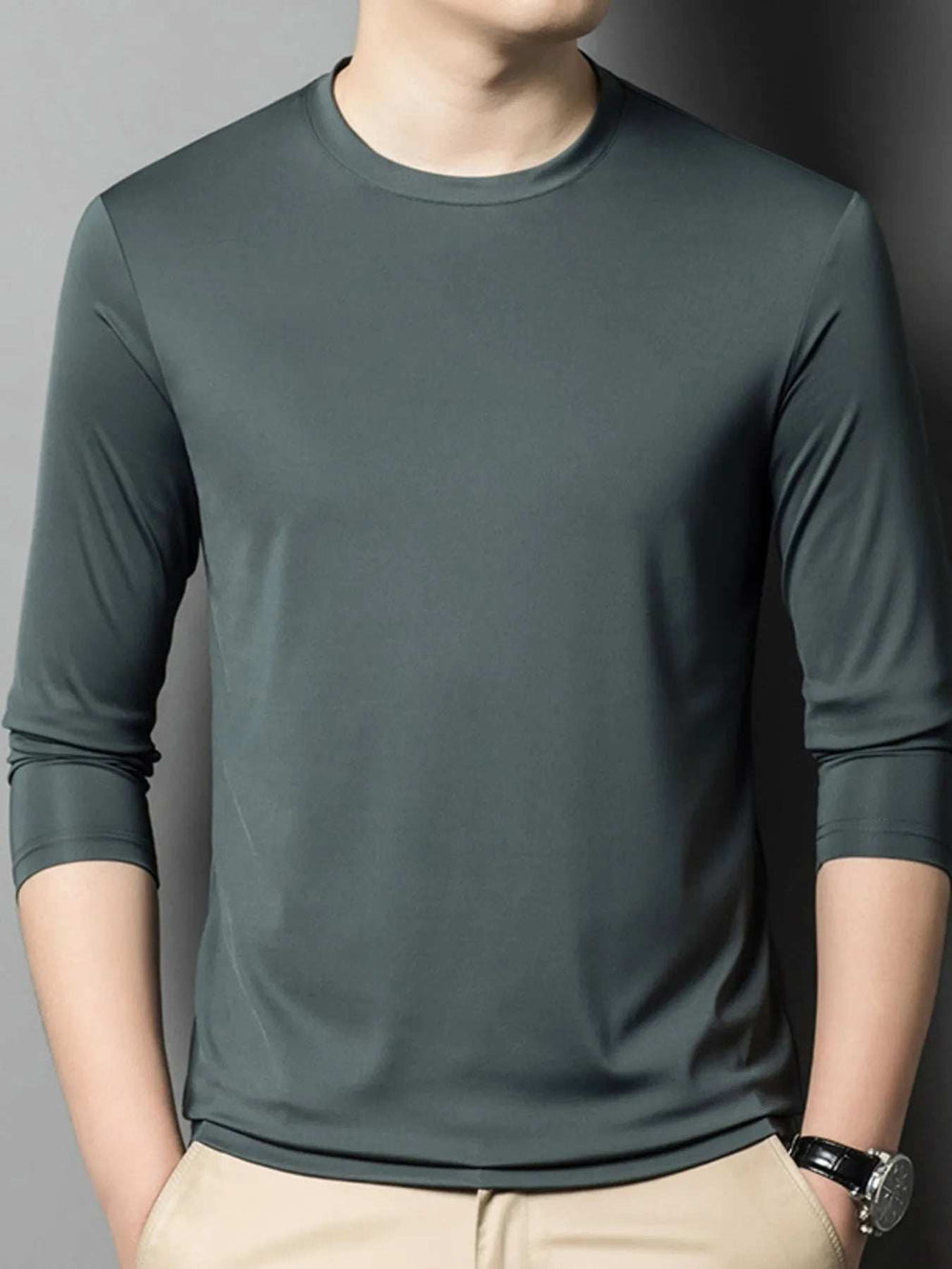 Men's Plus Size Round Neck Long Sleeve T-Shirt - Trendsi - Flyclothing LLC