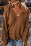 V-Neck Dropped Shoulder Long Sleeve Sweater - Trendsi - Flyclothing LLC
