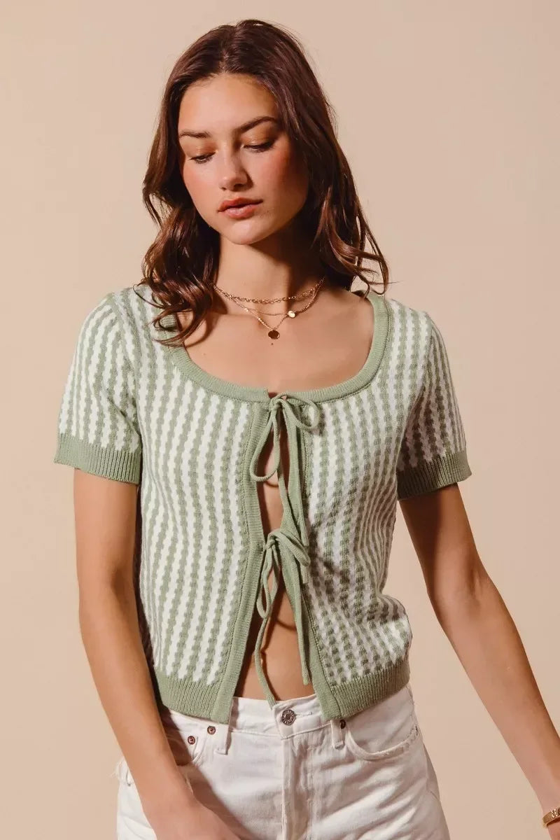 SO ME Tie Front Textured Vertical Stripe Knit Cardigan - Trendsi - Flyclothing LLC