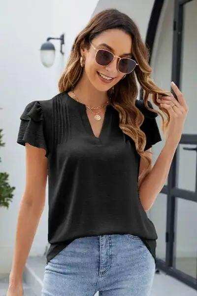 Ruffled Notched Short Sleeve Blouse - Trendsi - Flyclothing LLC