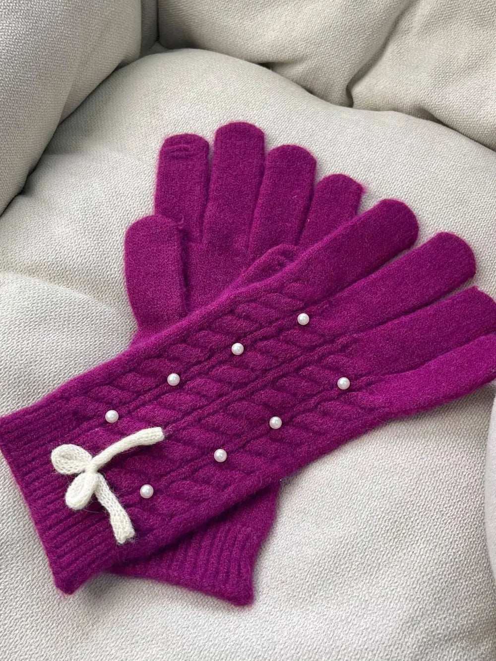Thermal Pearl Detail Bow Five-Finger Gloves - Trendsi - Flyclothing LLC