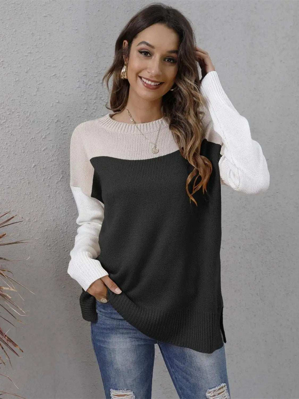 Color Block Round Neck Sweater - Trendsi - Flyclothing LLC