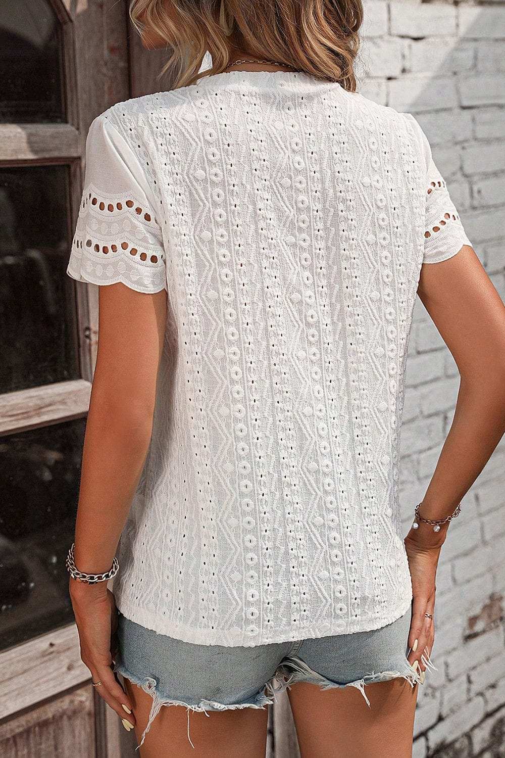 Eyelet Round Neck Short Sleeve Top - Trendsi - Flyclothing LLC