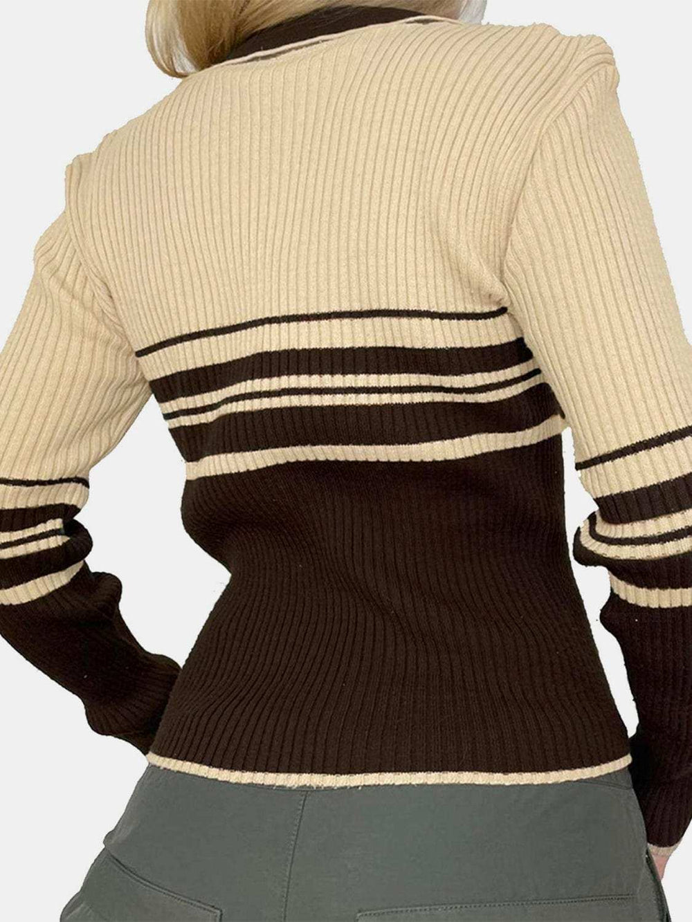 Striped Collared Neck Long Sleeve Knit Top - Trendsi - Flyclothing LLC
