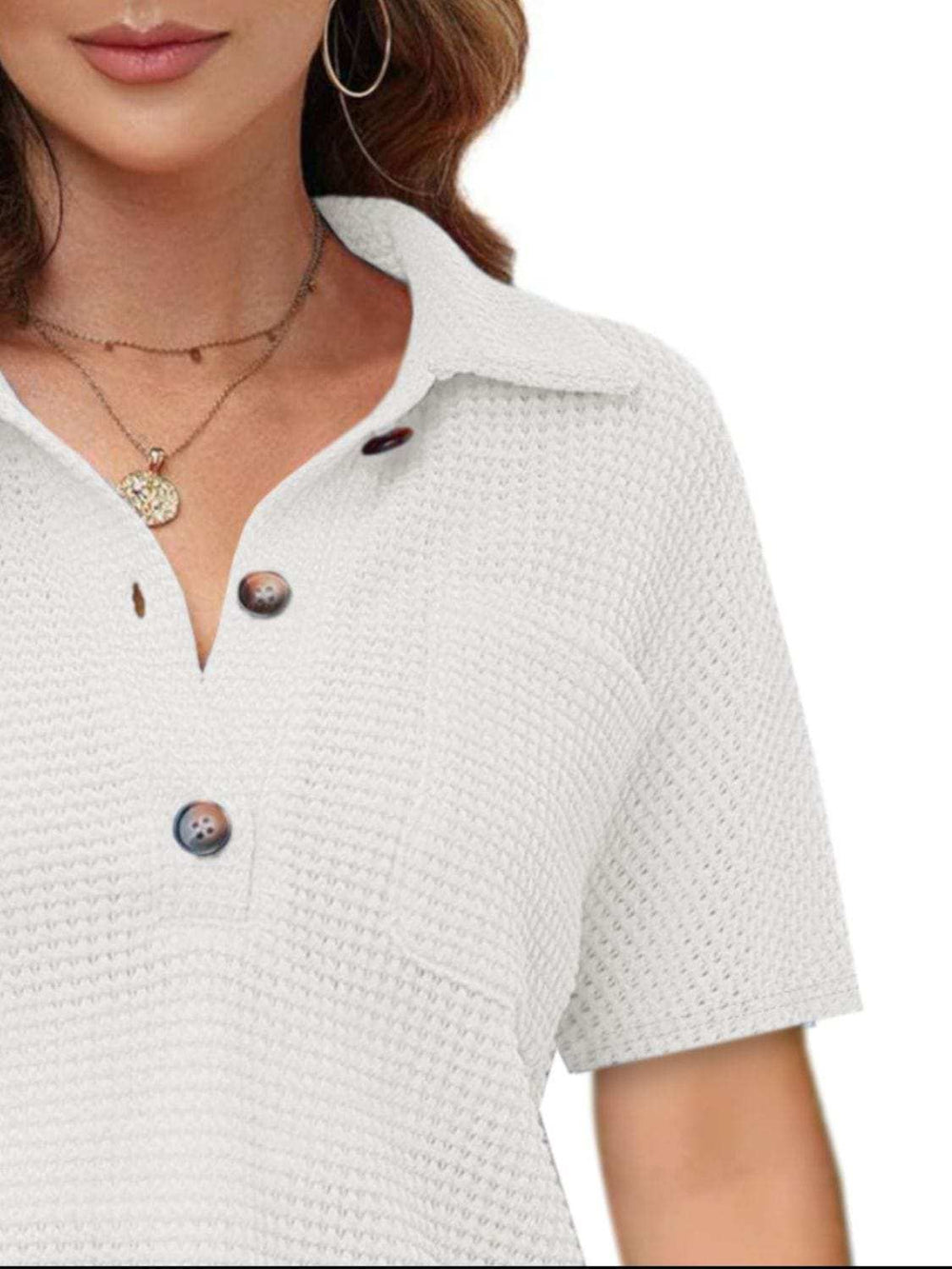 Waffle-Knit Short Sleeve Polo Shirt - Trendsi - Flyclothing LLC