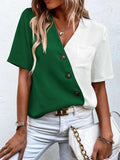 Decorative Button Surplice Short Sleeve Blouse - Trendsi - Flyclothing LLC