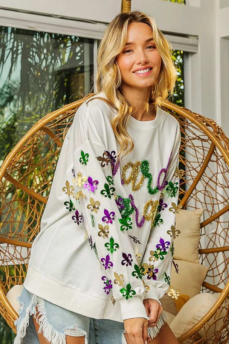 BiBi Fleur De Lis Sleeve Mardi Gras Pullover - Trendsi - Flyclothing LLC