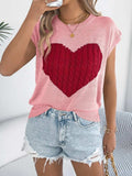 Cable Knit Heart Round Neck Cap Sleeve Knit Top - Trendsi - Flyclothing LLC