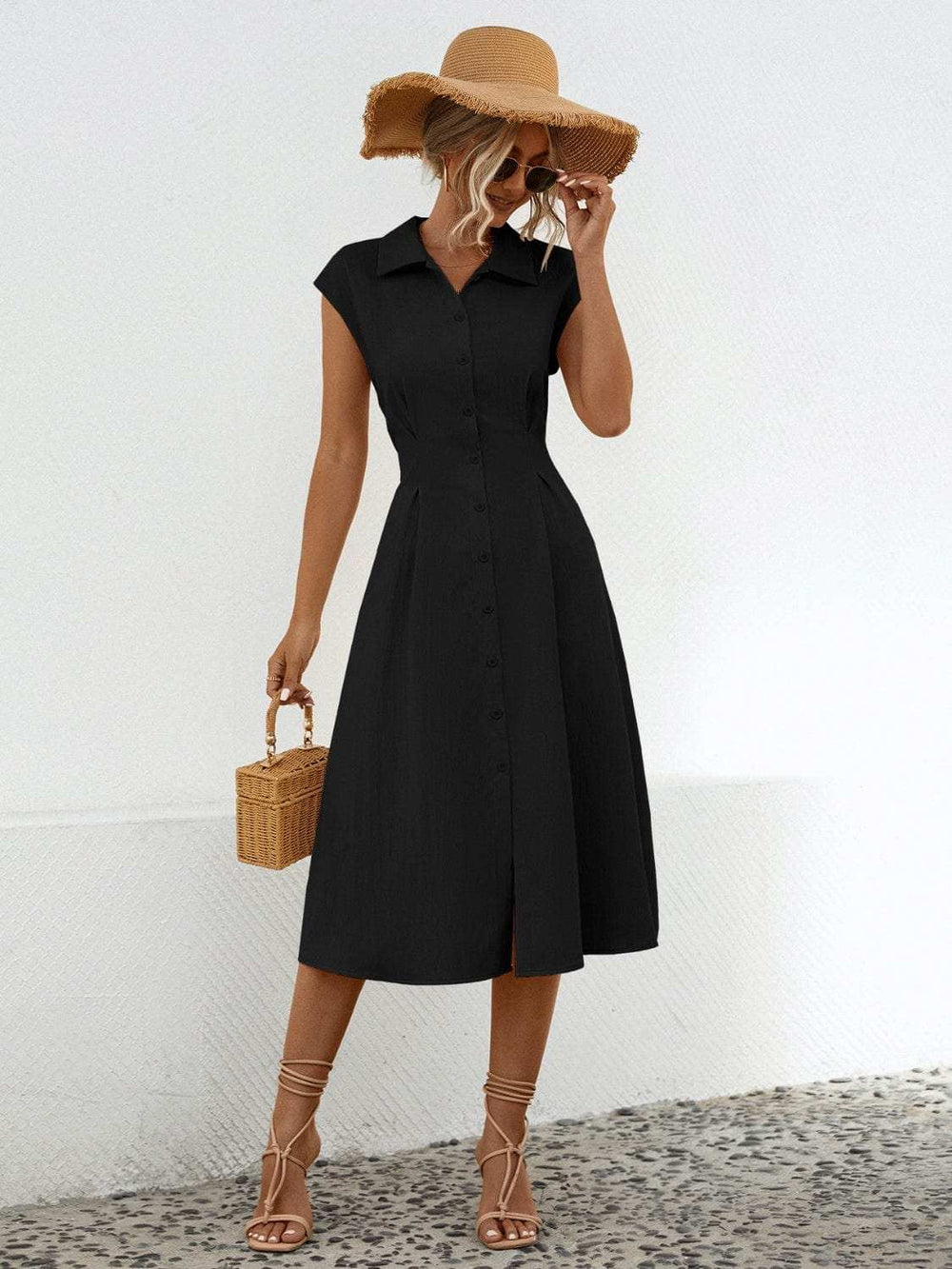 Button Up Cap Sleeve Midi Dress - Trendsi - Flyclothing LLC