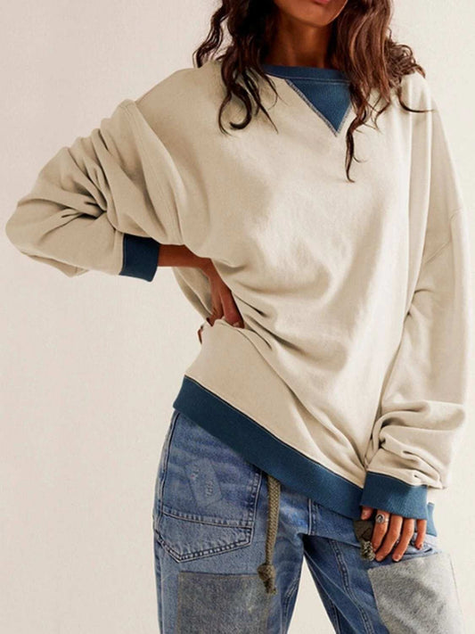 Contrast Dropped Shoulder Long Sleeve Sweatshirt - Trendsi - Flyclothing LLC