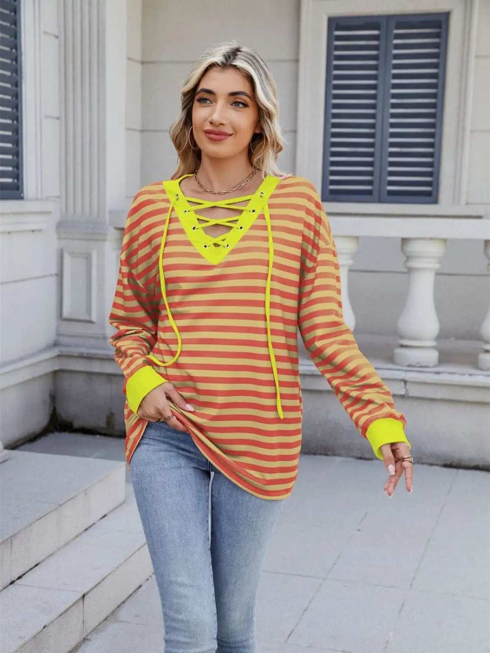 Lace-Up Striped Long Sleeve T-Shirt - Trendsi - Flyclothing LLC