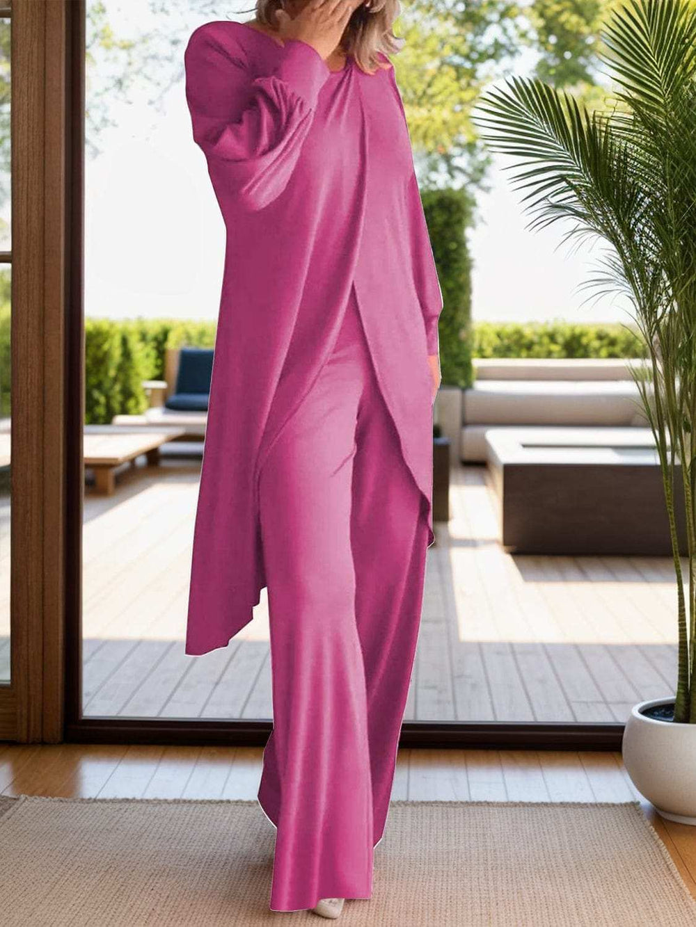 Full Size Slit Round Neck Long Sleeve Top and Pants Set - Trendsi - Flyclothing LLC