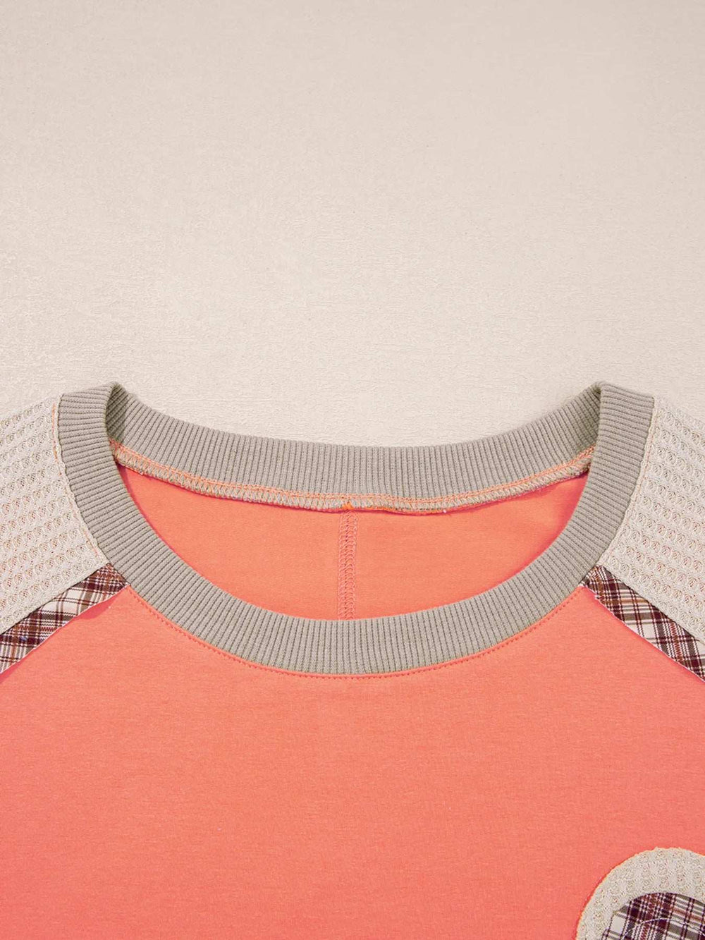 Plaid Waffle Flower Patchwork Contrast Top - Trendsi - Flyclothing LLC