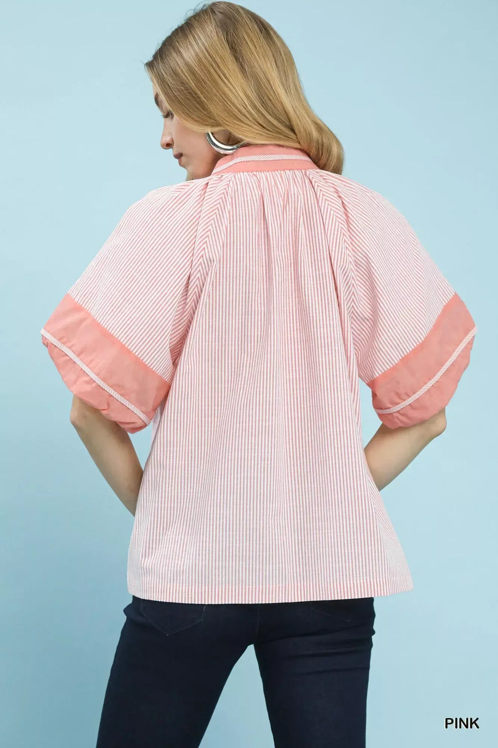Umgee Striped Mixed Puff Sleeve Blouse - Trendsi - Flyclothing LLC