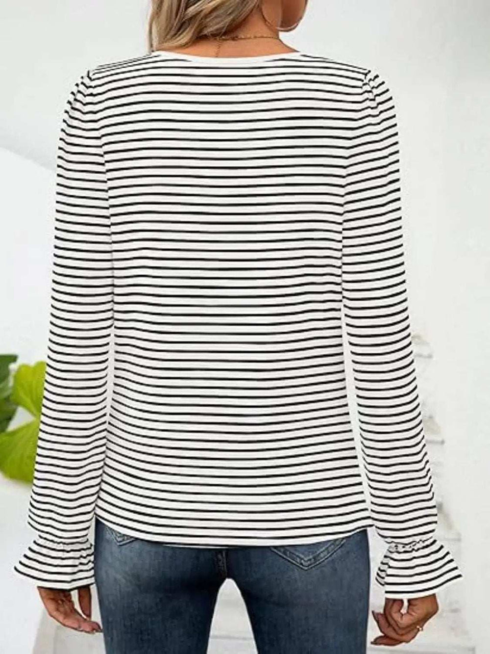 Striped Square Neck Flounce Sleeve Top - Trendsi - Flyclothing LLC