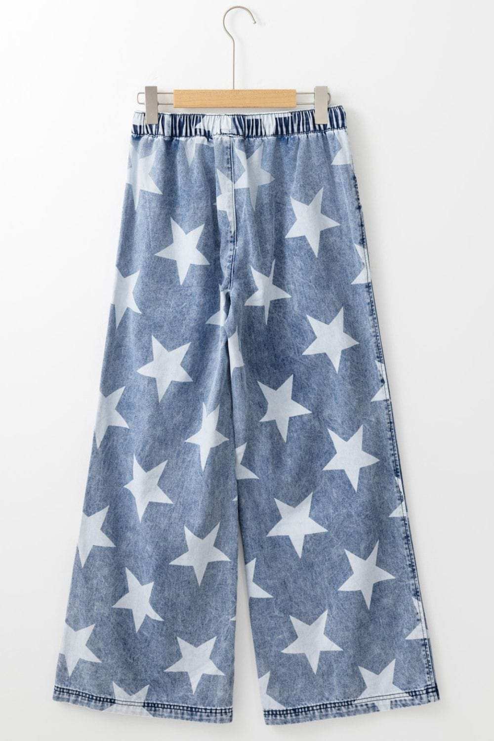 Star Print Washed Drawstring High Waist Wide Leg Jeans - Trendsi - Flyclothing LLC