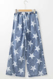 Star Print Washed Drawstring High Waist Wide Leg Jeans - Trendsi - Flyclothing LLC