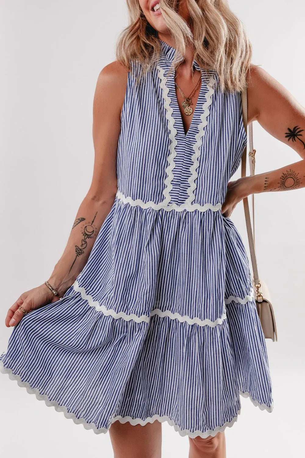 Stripe Sleeveless Notched Ric Rac Mini Dress - Trendsi - Flyclothing LLC
