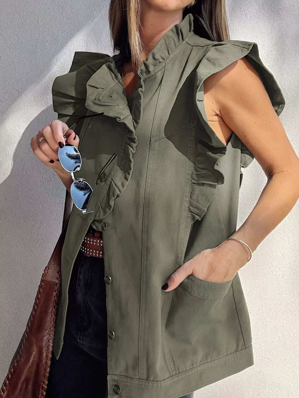 Ruffled Patchwork Denim Jacket Vest - Trendsi - Flyclothing LLC