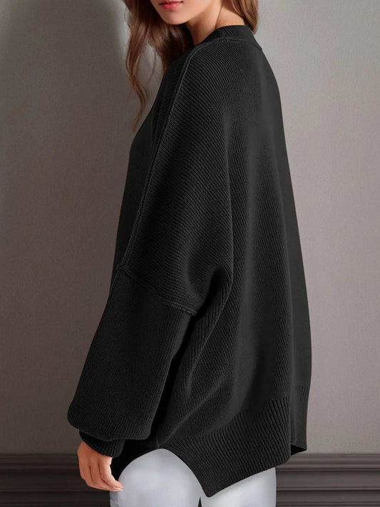 Double Take Side Slit Round Neck Long Sleeve Sweater - Trendsi - Flyclothing LLC