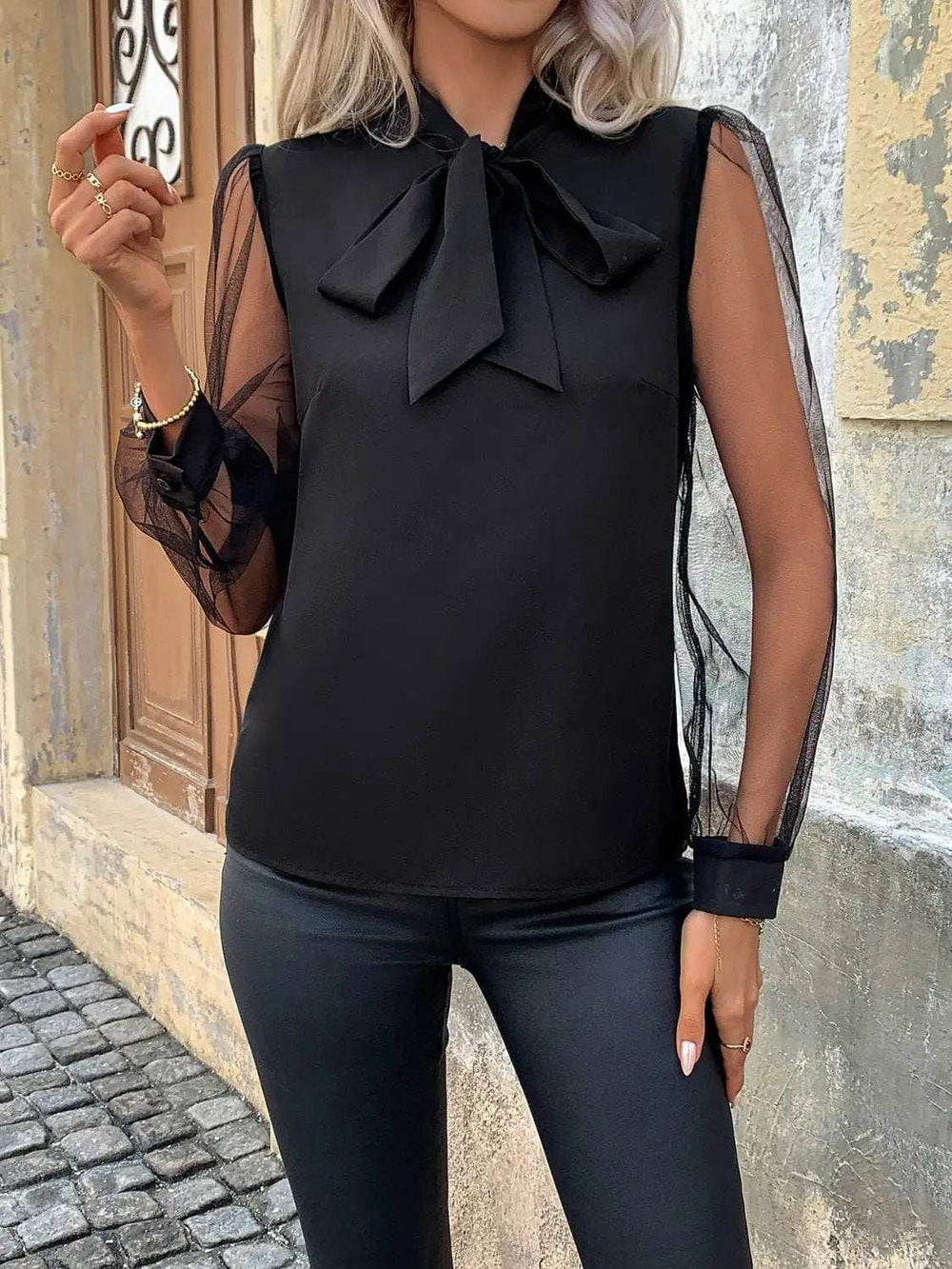 Tie Neck Long Sleeve Blouse - Trendsi - Flyclothing LLC