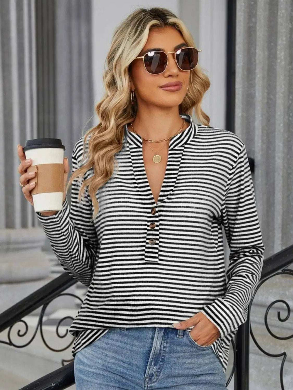 Striped Notched Long Sleeve T-Shirt - Trendsi - Flyclothing LLC