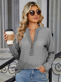 Striped Notched Long Sleeve T-Shirt - Trendsi - Flyclothing LLC