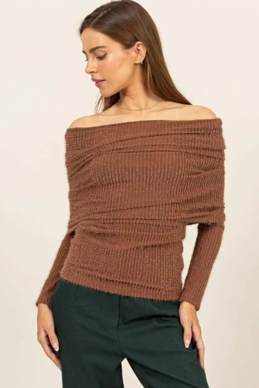HYFVE Fuzzy Off Shoulder Textured Knit Top - Trendsi - Flyclothing LLC