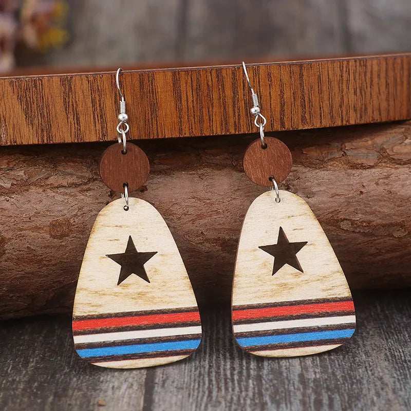 Cutout Star & Stripes Wooden Dangle Earrings - Trendsi - Flyclothing LLC
