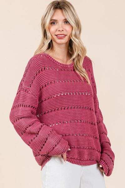 Mittoshop Openwork Round Neck Drop Shoulder Sweater - Trendsi - Flyclothing LLC